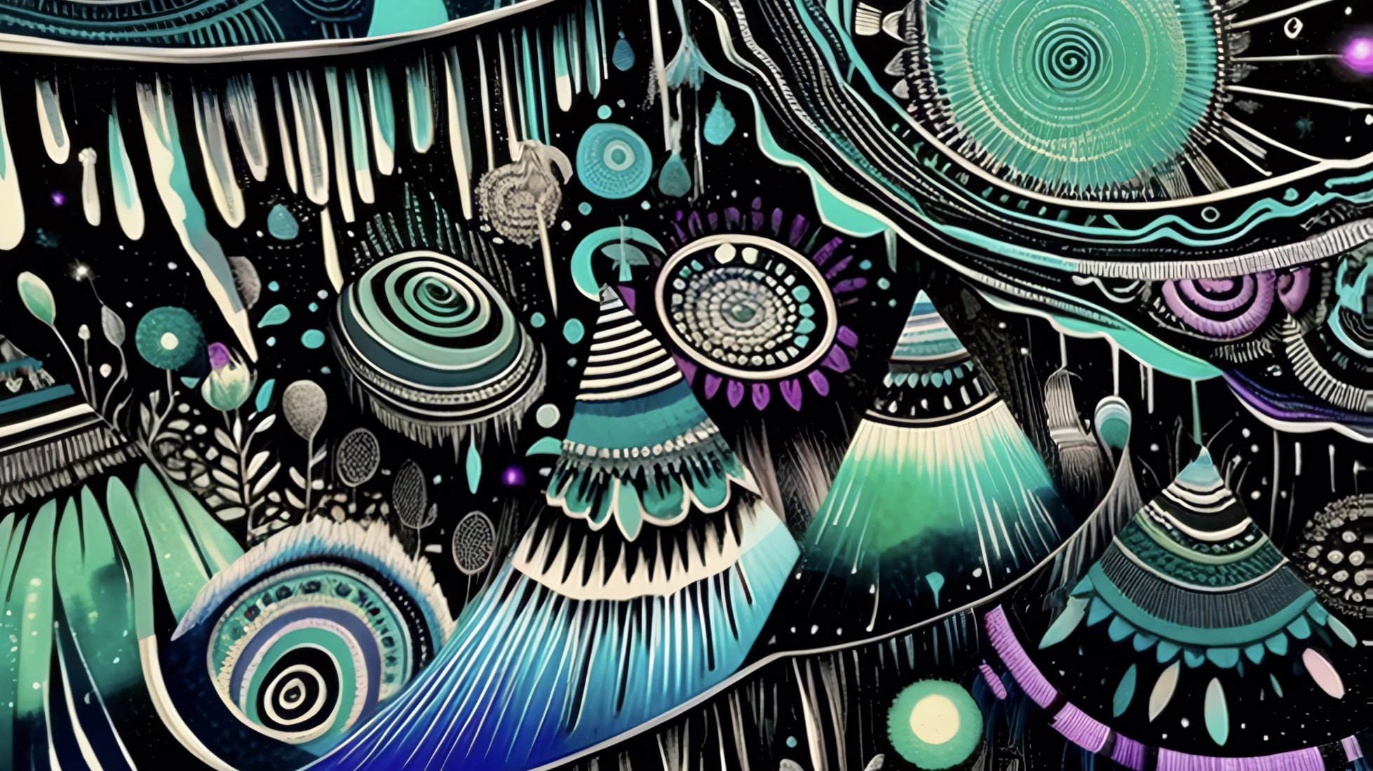 Mushroom psychedelic art finale with fractal mandalas fading into silent starry black